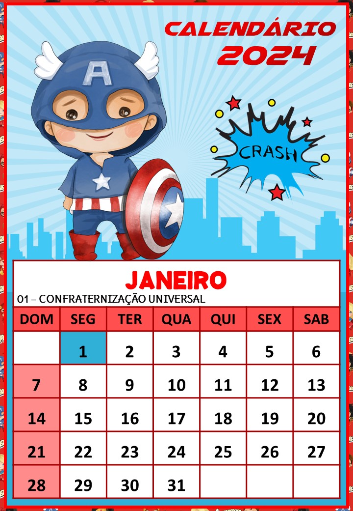 Calendário 2024- Super Heróis Aquarela