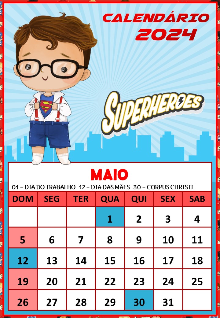 Calendário 2024- Super Heróis Aquarela